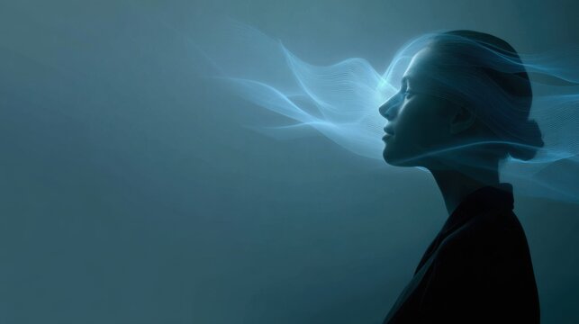 A serene profile of a woman with breath visualization, showing calm and peace within. The image has a calm and peaceful feeling.