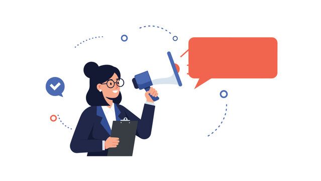 Woman in a business suit holding a megaphone and a clipboard with a large empty speech bubble for announcements.