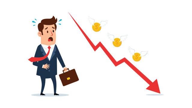 Worried businessman looking at a red arrow graph pointing down with gold coins flying away with wings for financial loss concept.