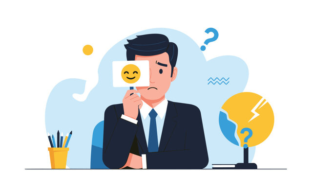 Sad businessman sitting at a desk holding a happy emoji mask over his face represents emotional suppression in the workplace.