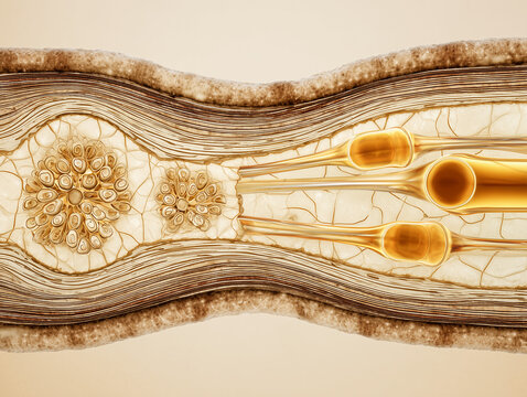 Human myelinated axon longitudinal cross section anatomy illustration showing node of Ranvier myelin sheath internodes Schwann cell and endoneurium in warm amber gold tones on ivory background