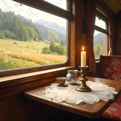 Obraz premium A serene train interior with a candlelit table overlooking a picturesque countryside