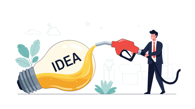 Businessman refueling a large lightbulb labeled IDEA with a gas pump nozzle, symbolizing creative energy and fuel for innovation.