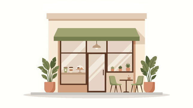 Aesthetic Coffee Shop Building Front View Flat Vector Illustration