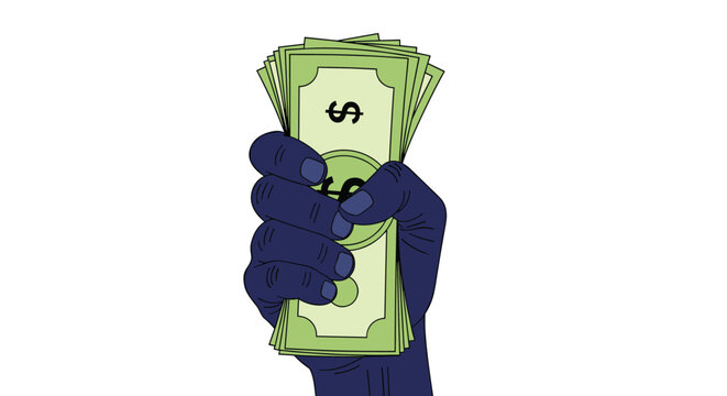 Blue hand holding a large fan of green dollar bills representing wealth payments bribery or financial success on a white background.