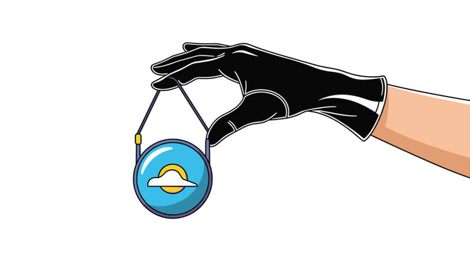 Human hand wearing a black glove holding a circular weather icon showing a sun and cloud representing forecasting services.