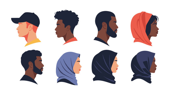 Row of side profile illustrations of men and women from various ethnic backgrounds wearing different headwear like caps and hijabs.