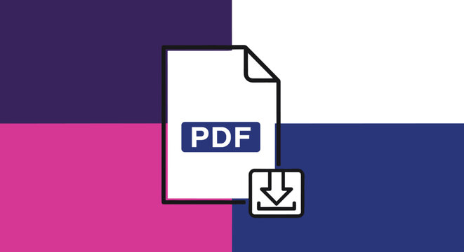 Document icon for a PDF file with a download arrow symbol displayed over a grid of four different bold colored squares.