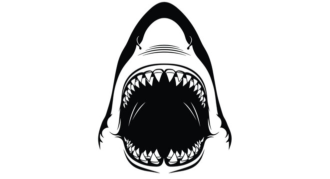 Intense black and white illustration of a shark head with its jaws wide open revealing rows of sharp triangular teeth.