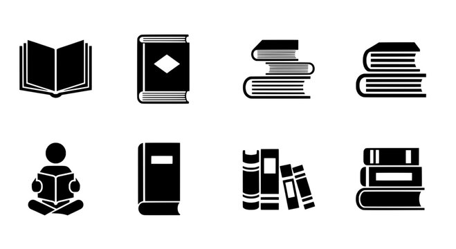 Books stack icons set with open book, reading, library shelves, education symbols for vector style infographics and web design