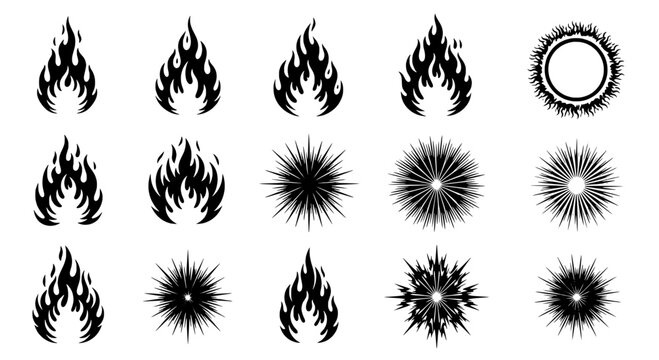 Fire flame icons set with sunburst sparkle effects and burst textures for energy, ignition, and heat themed graphics