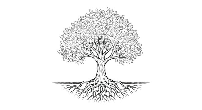Detailed black and white line drawing of a large tree with many leaves and a complex root system growing into the ground for nature.