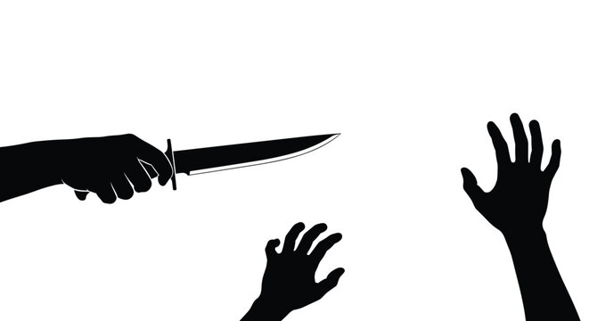 Silhouette of hand holding sharp knife threatening victims hands in defensive pose against white background depicts crime and fear.