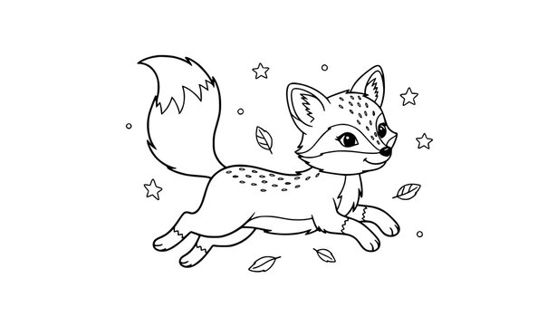 Playful jumping fox cartoon coloring illustration with decorative elements for kids activity pages