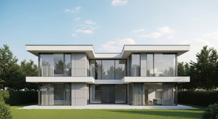 Fototapeta premium Modern minimalist house with flat roof and large glass windows in a sunny landscape