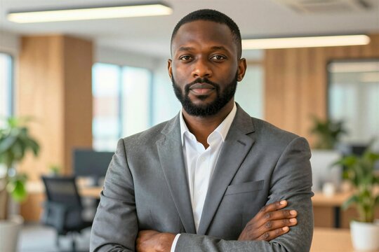 Confident Male Individual Standing In Office Environment Main Subject Dressed Professionally Gray Textured Suit Jacket Crisp White Dress Shirt Without Tie Accessories Indicate