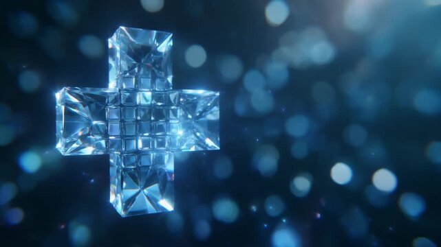 "Three‑dimensional crystal plus sign with reflective faceted surface, shimmering in blue and white tones"