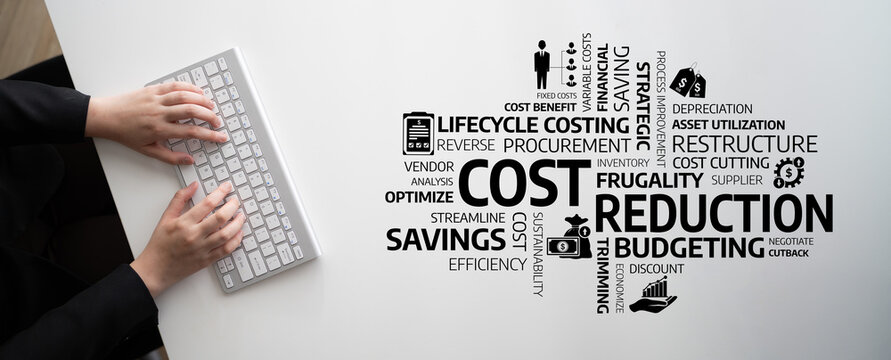 A close-up view of hands typing on a keyboard with cost-related graphics in the background, symbolizing business strategy, budgeting, and financial optimization. Tessel