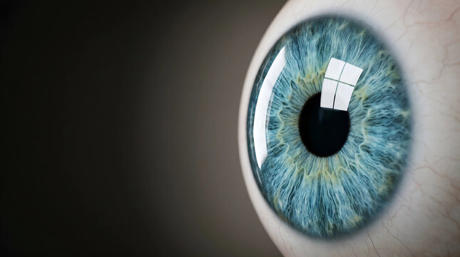 Captivating macro shot of a vibrant blue human eye, showcasing intricate iris details and the reflection of light on its surface with remarkable clarity