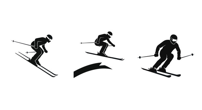 Skiing Action Silhouettes: Downhill, Jump, and Freestyle