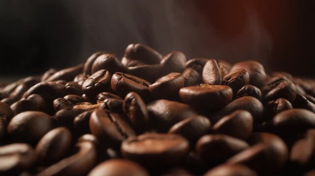 Rich roasted coffee beans background with warm lighting and aromatic texture, premium caffeine concept for cafe branding, beverage marketing, food photography, high resolution 8K detail