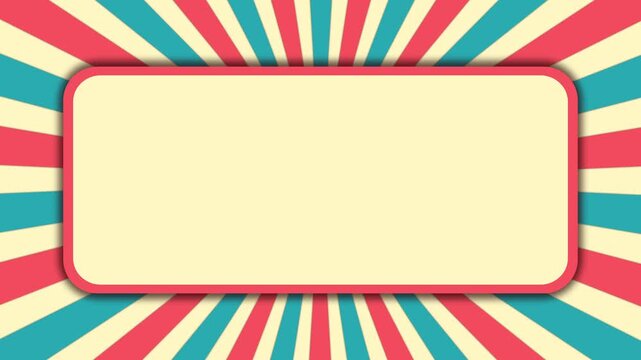Animated retro sunburst background with copy space frame on rotating red and teal blue rays for vintage circus comic and pop art announcement