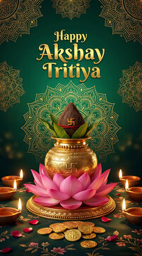 Happy Akshay Tritiya - Traditional Greeting with Golden Kalash, Lotus, and Diya for Prosperity