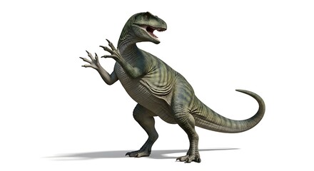 Fototapeta premium A realistic 3D rendering of a large carnivorous dinosaur, possibly an Allosaurus, standing on its hind legs with its forelimbs raised, against a clean white background.