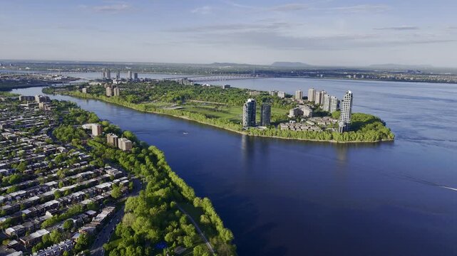 Aerial view of Verdun neighborhood near Ile de Soeur and Lachine Canal in Montreal, Quebec, Canada. g.
