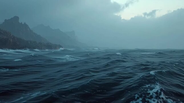 Dramatic ocean waves crashing under stormy sky with misty cliffs at sunrise