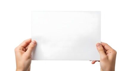 Obraz premium Hands holding a blank white paper sheet isolated on white background