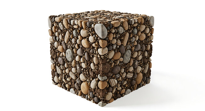 Textured three-dimensional cube constructed from natural river pebbles and smooth stones