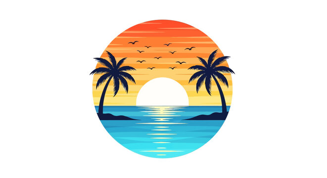 Tropical Palm Trees at Sunset Ocean.