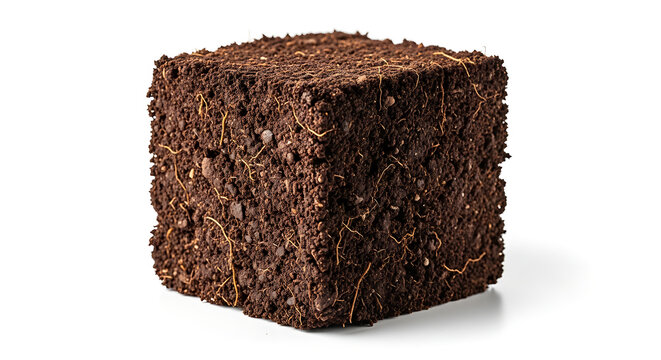Cube of rich, dark soil with visible roots and texture on a white background