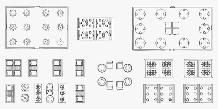 Architectural floor plans displaying furniture arrangements in a schematic style