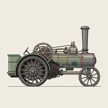 Vintage green steam traction engine with large wheels on a plain background