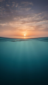 Underwater Sunset Over Calm Ocean Surface - Split-Level Seascape