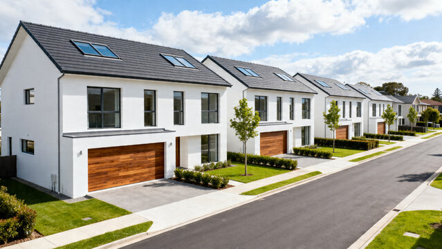 Row of pristine modern suburban houses featuring sleek white facades, dark gabled roofs, and natural wood garage doors along a newly paved street under a bright sky