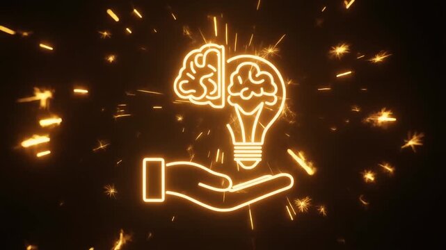 "Neon hand holding brain‑shaped light bulb with fiery sparks, symbolizing creativity, innovation, and intelligence"