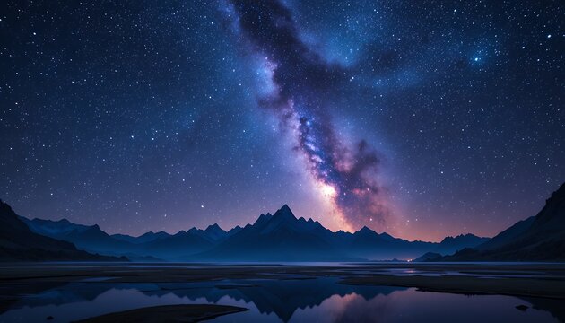 Milky Way night sky over rugged mountains reflected in a calm lake