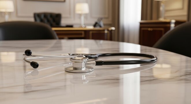 Stethoscope on White Marble Table in Luxury Executive Office
