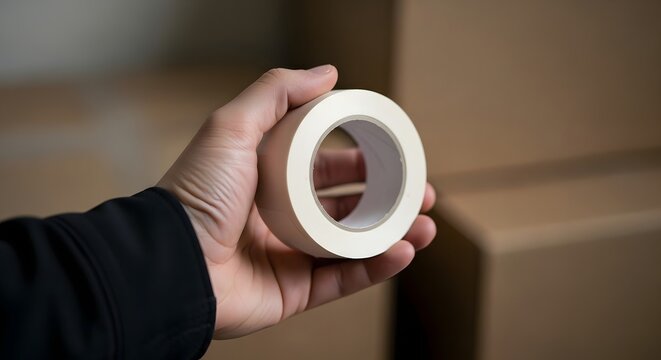 Hand holding a roll of white masking tape close up shot