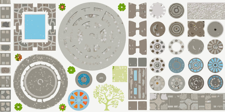 A collection of illustrated game assets including tiles and decorative elements