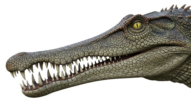 Close-up side profile of a crocodile's head with sharp teeth and scaly skin against a clean white background.