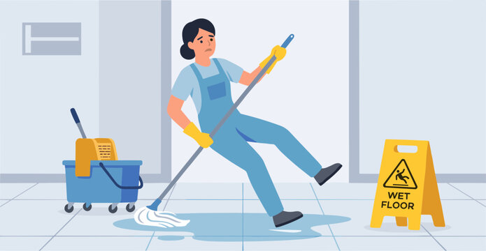 A janitor is mopping the floor with a caution sign nearby indoors.