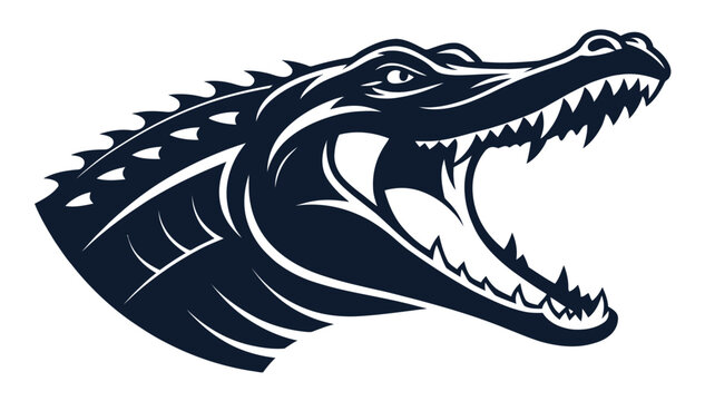 A fierce alligator head in a dark blue and white vector graphic silhouette