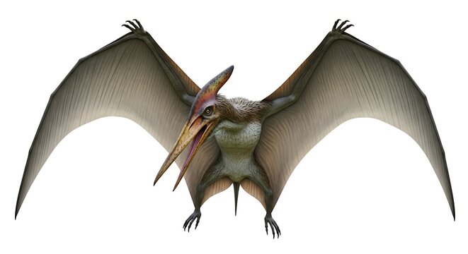 A detailed front view of a Pteranodon flying with its wings spread wide against a clean white background.