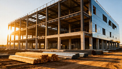 Fototapeta premium Modern industrial building construction with steel frame and glass exterior under a golden sunset