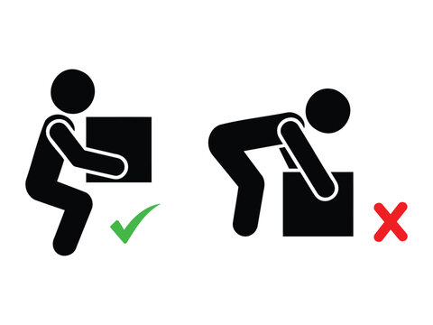 Correct and incorrect lifting position, guide to proper body posture when carrying heavy objects.