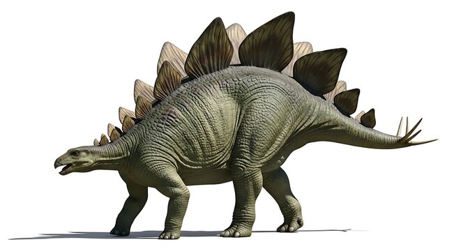A detailed, realistic illustration of a Stegosaurus dinosaur with its distinctive plates and spiked tail, walking on a white background.